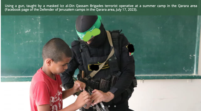 Hamas terrorist teaching a student in a school to use a machine gun